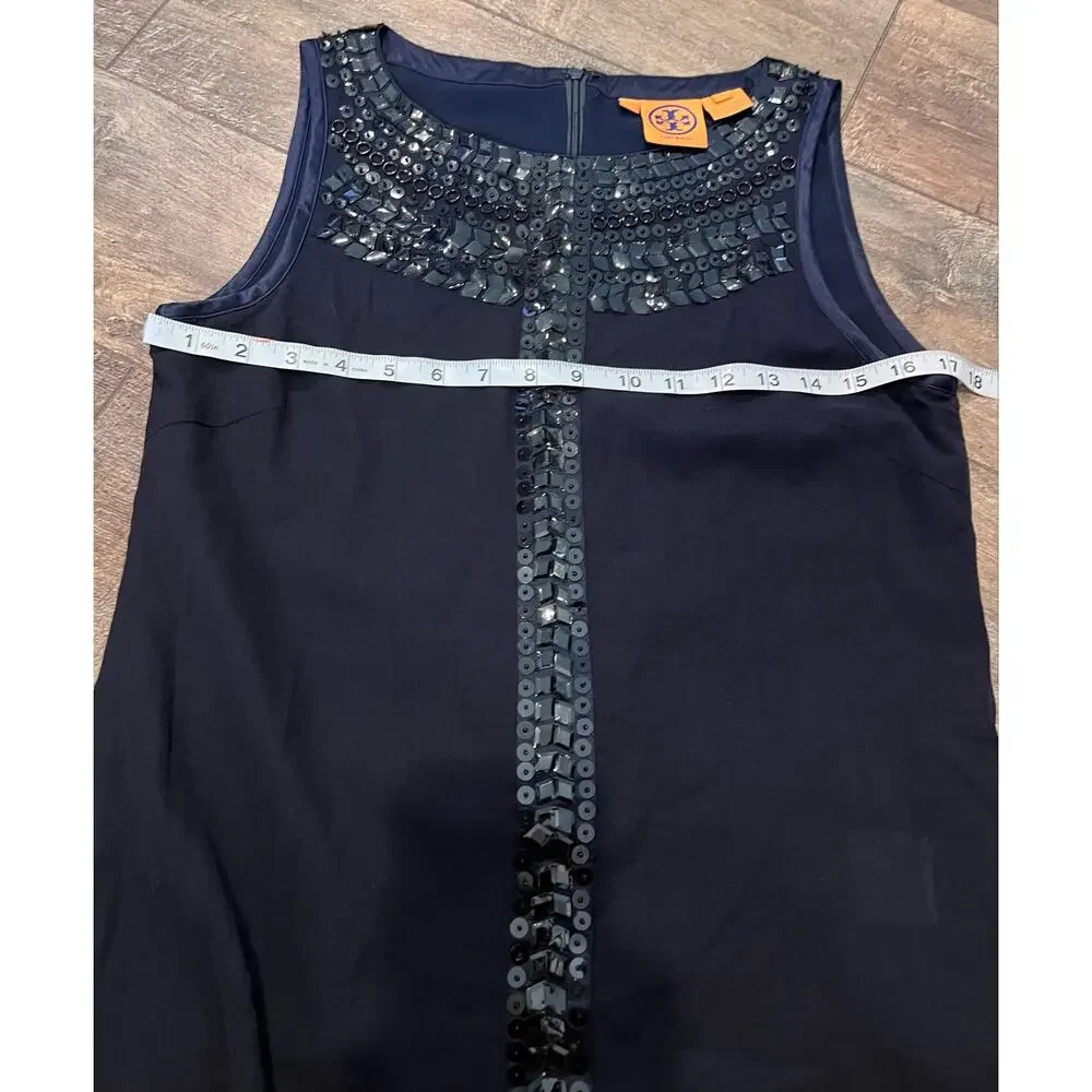 Tory Burch Navy Blue Silk Sleeveless Blouse Sequin Crystal Embellished Top
